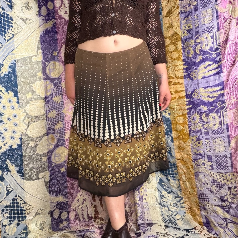 Brown Polka Dot Ombré Paisley Indie Bohemian Midi Skirt Size L